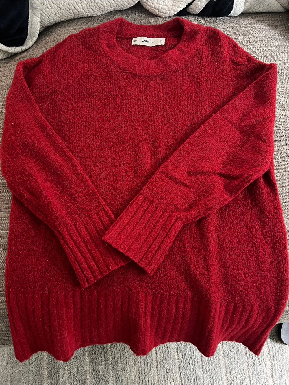 Zara Red Bouclé Crewneck Oversized Sweater